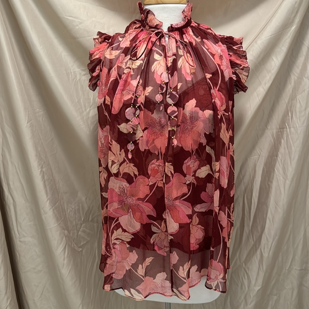 Zimmermann Silk Concert Burgundy Peonies Flutter Sleeve Tank